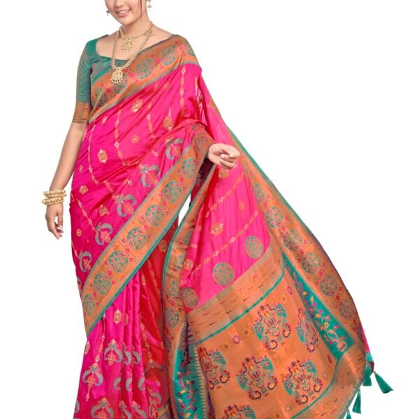 MANOHARI Women's Most Trendy Banarasi Woven Pink with Green Saree With Heavy Jacquard Work Saree With Blouse Piece dress material - Shoppermaart