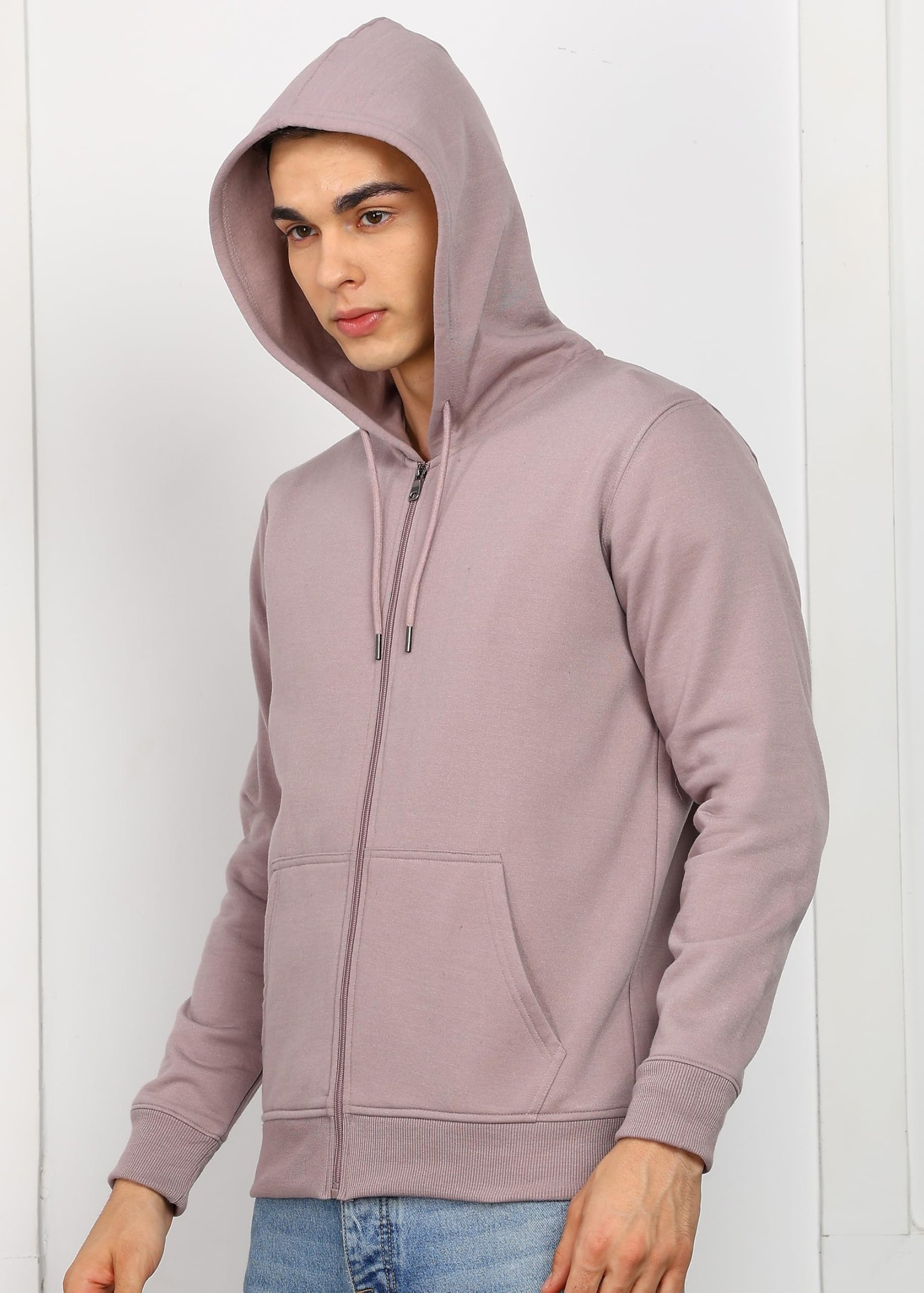 Alan Jones Clothing Men’s Solid Hooded Sweatshirt | Zip-Up Hoodie Jacket with Kangaroo Pocket, Drawstring Hood & Ribbed Hem | Casual Winterwear (Light Purple_XL) - Image 4