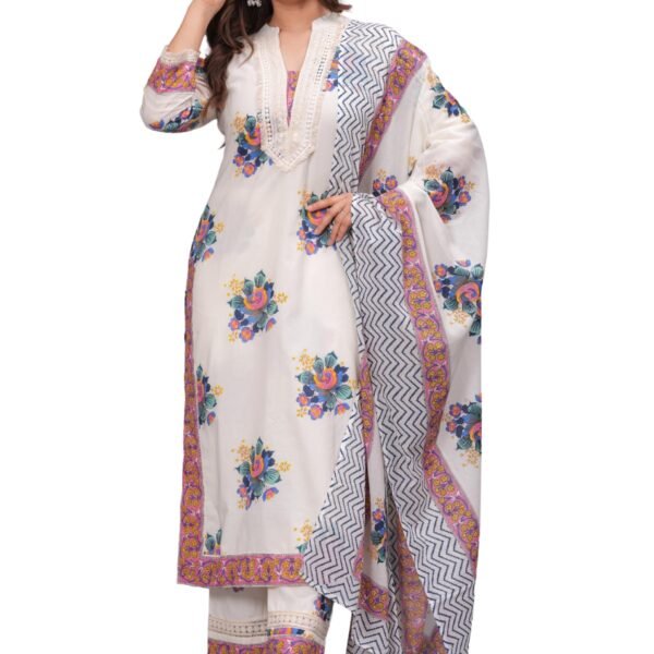 Amayra Women's Pure Cotton Printed Straight Kurta Set with Palazzo Pants & Dupatta- Ethnic Wear, White(TCK614,L) dress material - Shoppermaart