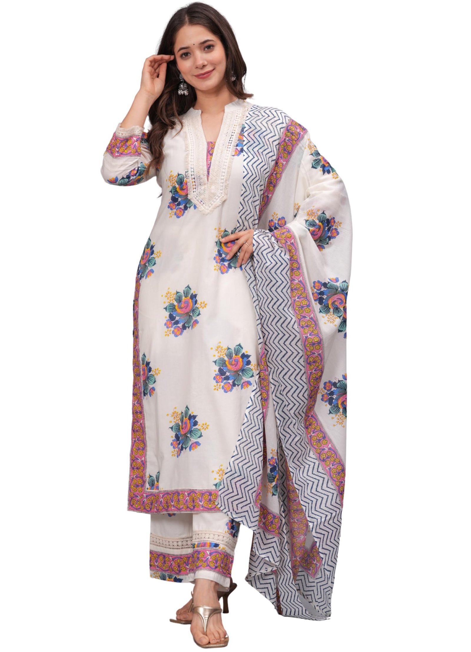 Amayra Women's Pure Cotton Printed Straight Kurta Set with Palazzo Pants & Dupatta- Ethnic Wear, White(TCK614,L) dress material - Shoppermaart