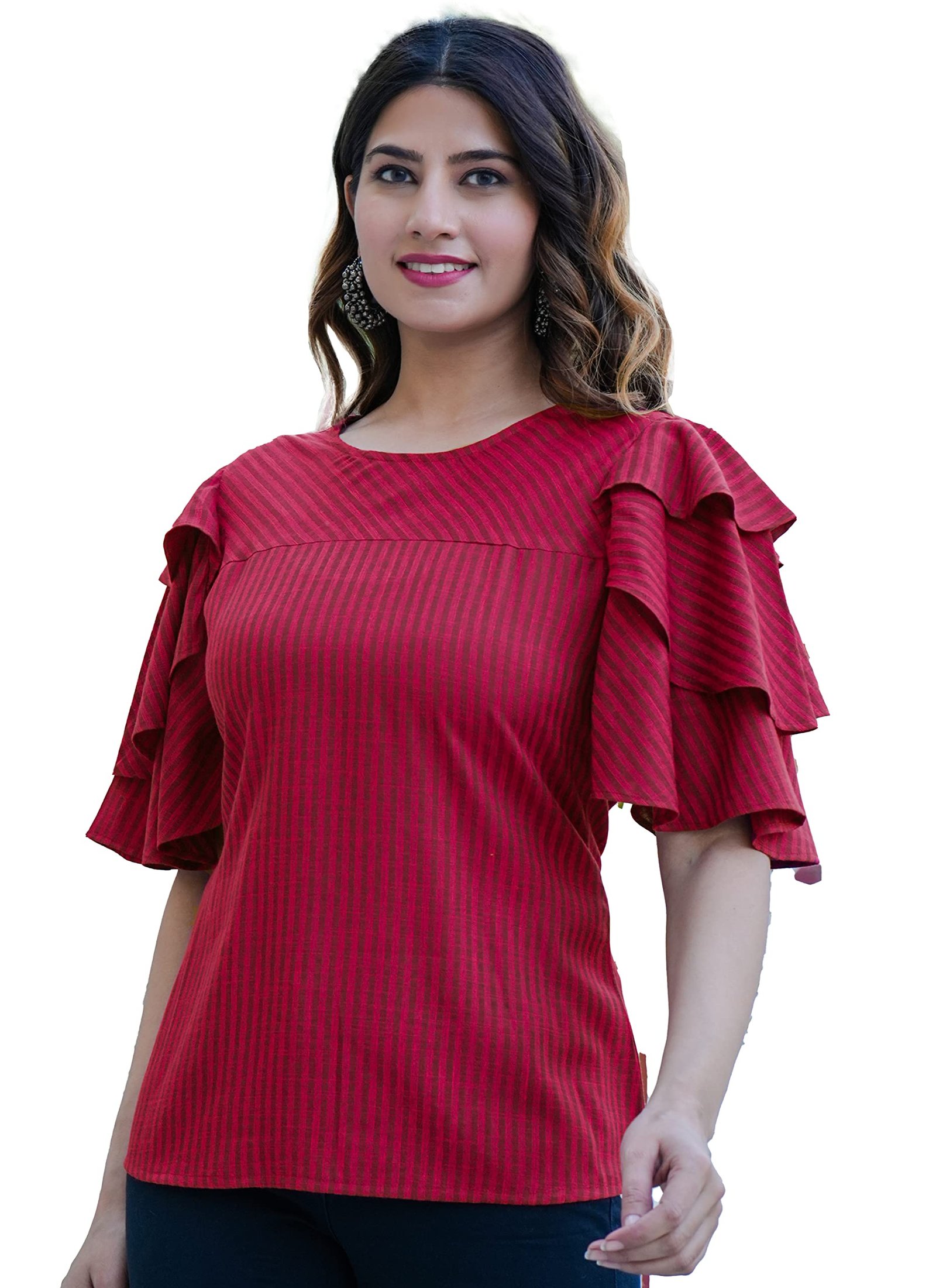 Yash Gallery Women's Viscose Rayon Stripe Printed Regular Fit Straight Top for Women (L, Maroon) dress material - Shoppermaart