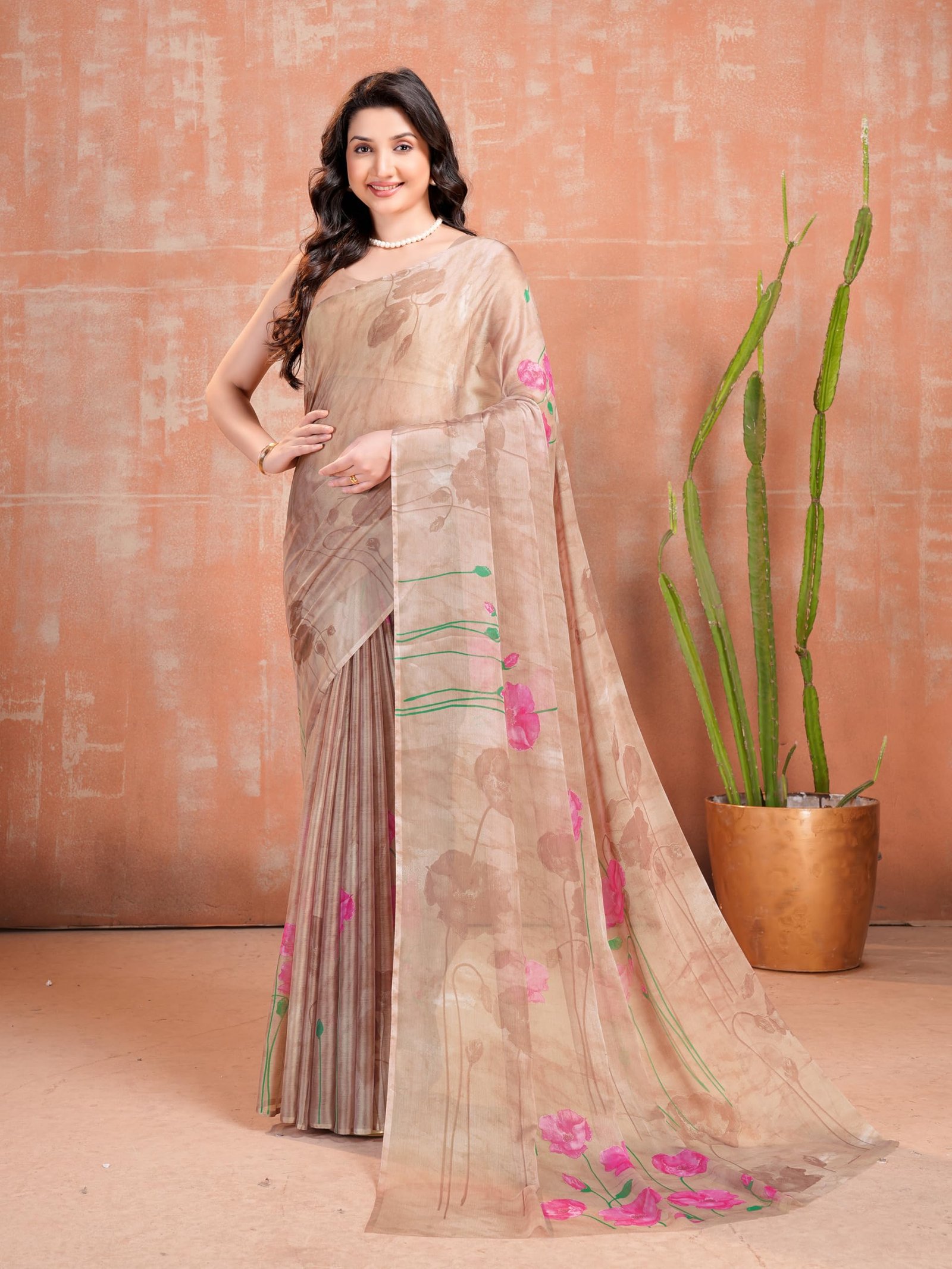 Garden Vareli Floral Print Chiffon Saree 88768 - Brown - Image 4