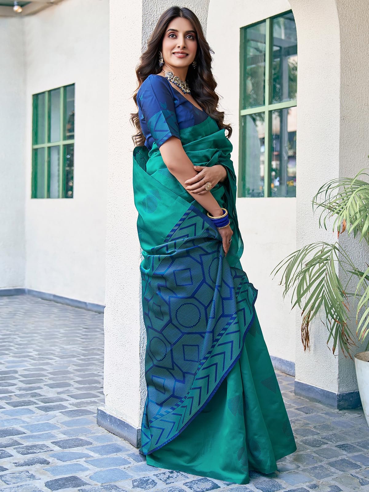 SAMAH Women's Banarasi Silk Jacquard Saree with Unstitched Blouse Piece (3697S120N_Teal Green2) - Image 5