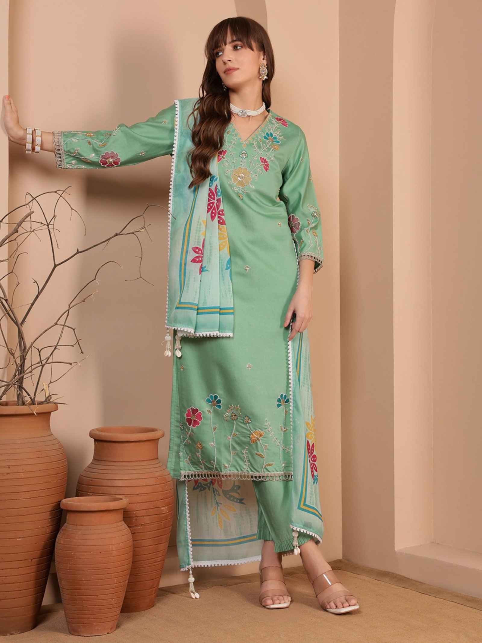 SHOPPING QUEEN Women's Viscose Embroidered Kurta Set with Dupatta (A650_Mint Green_M) - Image 3