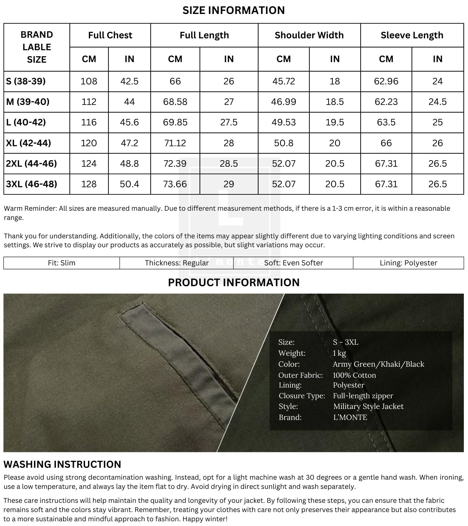 L'MONTE Men's Cotton Standard Length Imported Military Style Cargo Jacket with Polyester Lining, Windproof and Warm Casual Outdoor Coat Perfect for Early to Late Winter (L, Army Green) - Image 3
