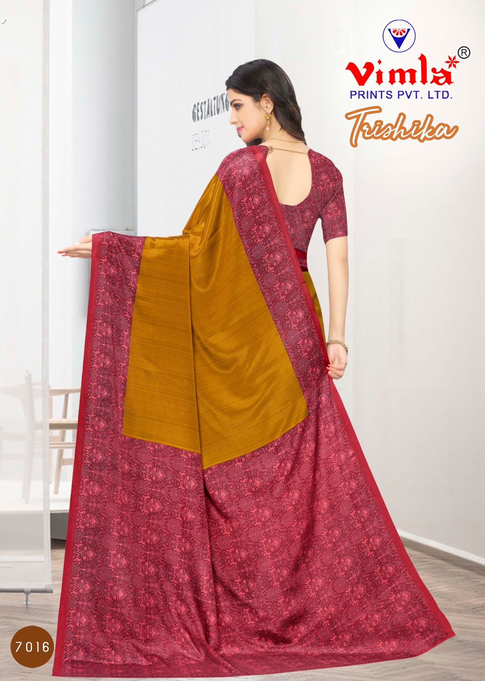 Vimla Women's yellow Turkey Art Silk Uniform Saree with Blouse Piece (7016 yellow_Free Size) - Image 5