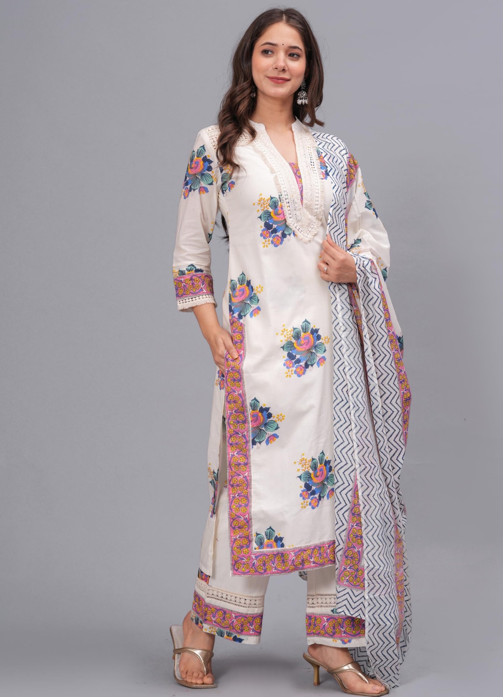 Amayra Women's Pure Cotton Printed Straight Kurta Set with Palazzo Pants & Dupatta- Ethnic Wear, White(TCK614,L) - Image 4