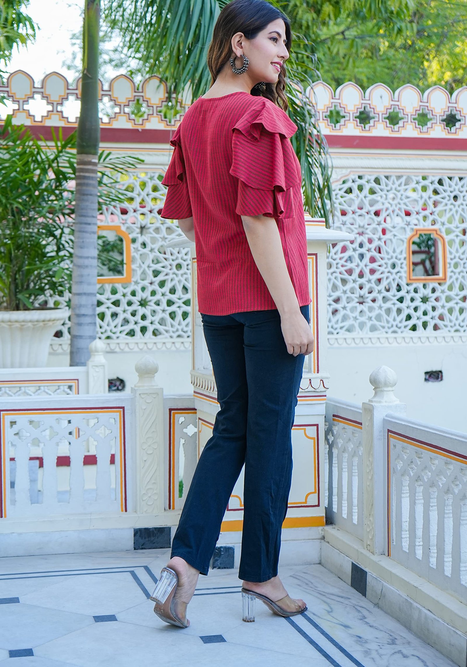 Yash Gallery Women's Viscose Rayon Stripe Printed Regular Fit Straight Top for Women (L, Maroon) - Image 4