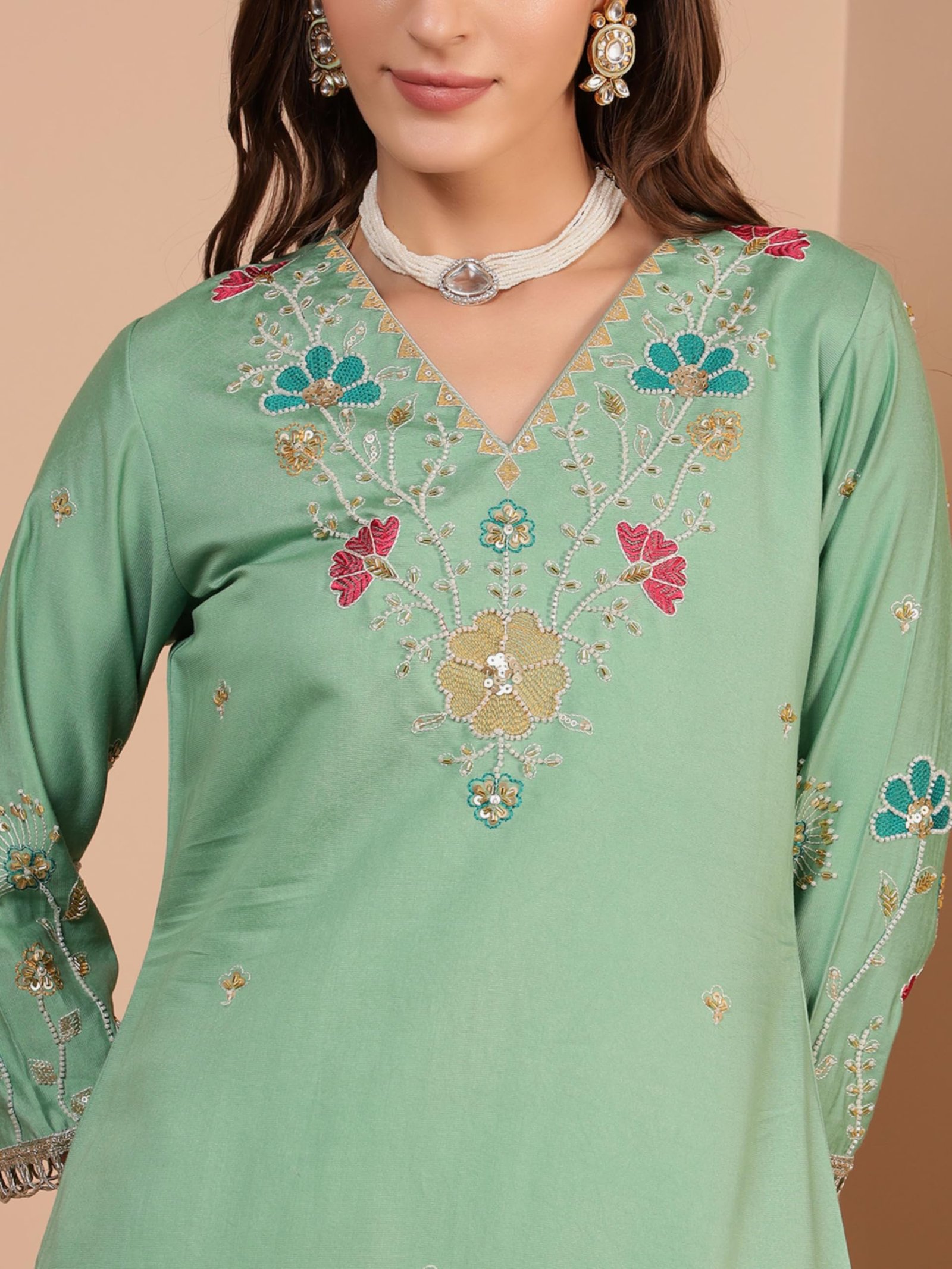 SHOPPING QUEEN Women's Viscose Embroidered Kurta Set with Dupatta (A650_Mint Green_M) - Image 6