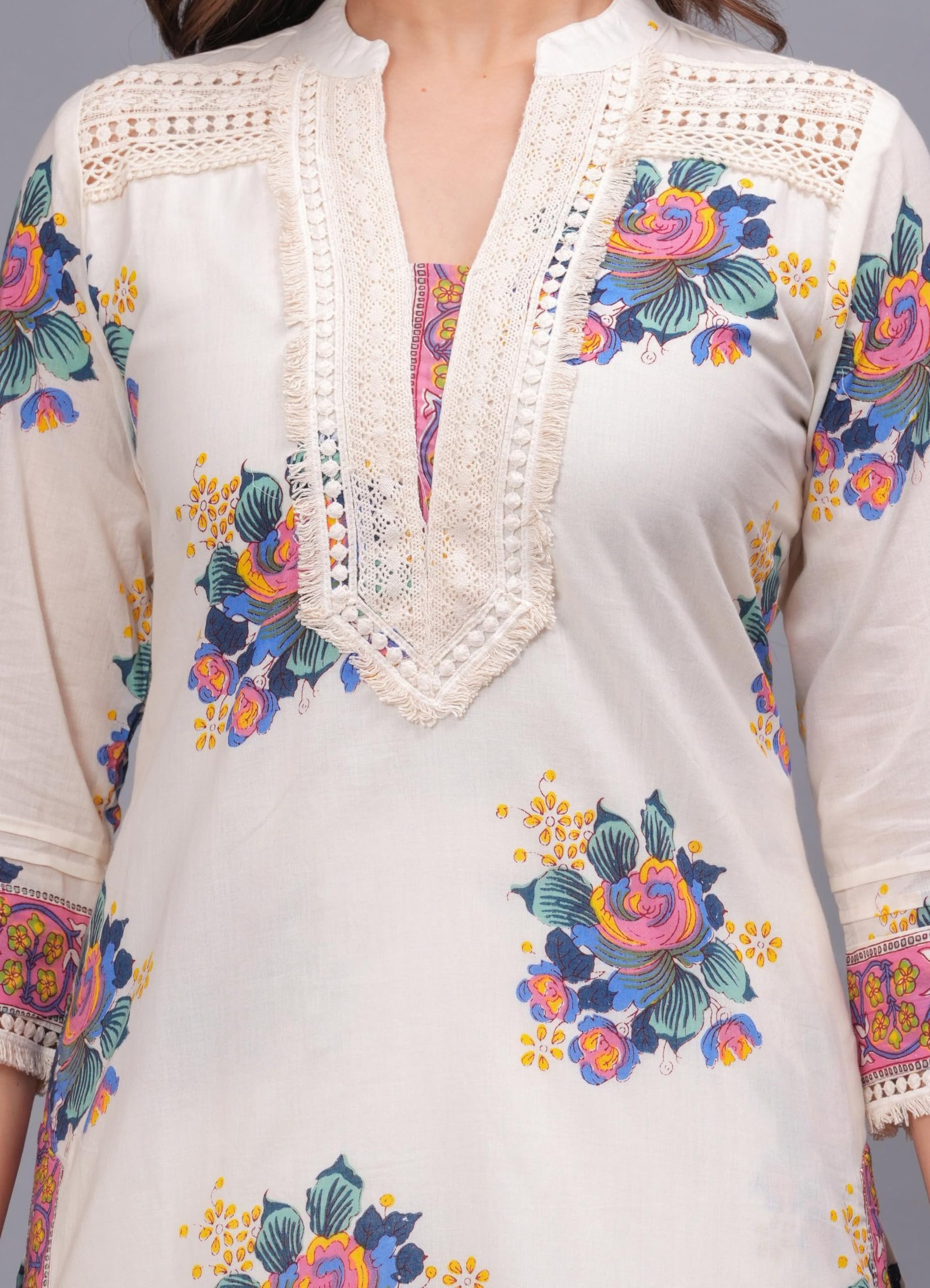 Amayra Women’s Pure Cotton Printed Straight Kurta Set with Palazzo Pants & Dupatta- Ethnic Wear, White(TCK614,L)