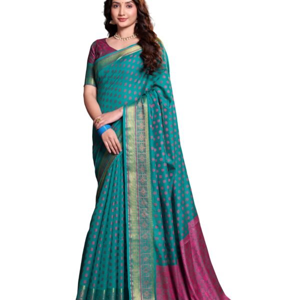 Garden Vareli Women Jacquard Silk Blend Saree with Unstitched Blouse Piece 1032 - Teal dress material - Shoppermaart