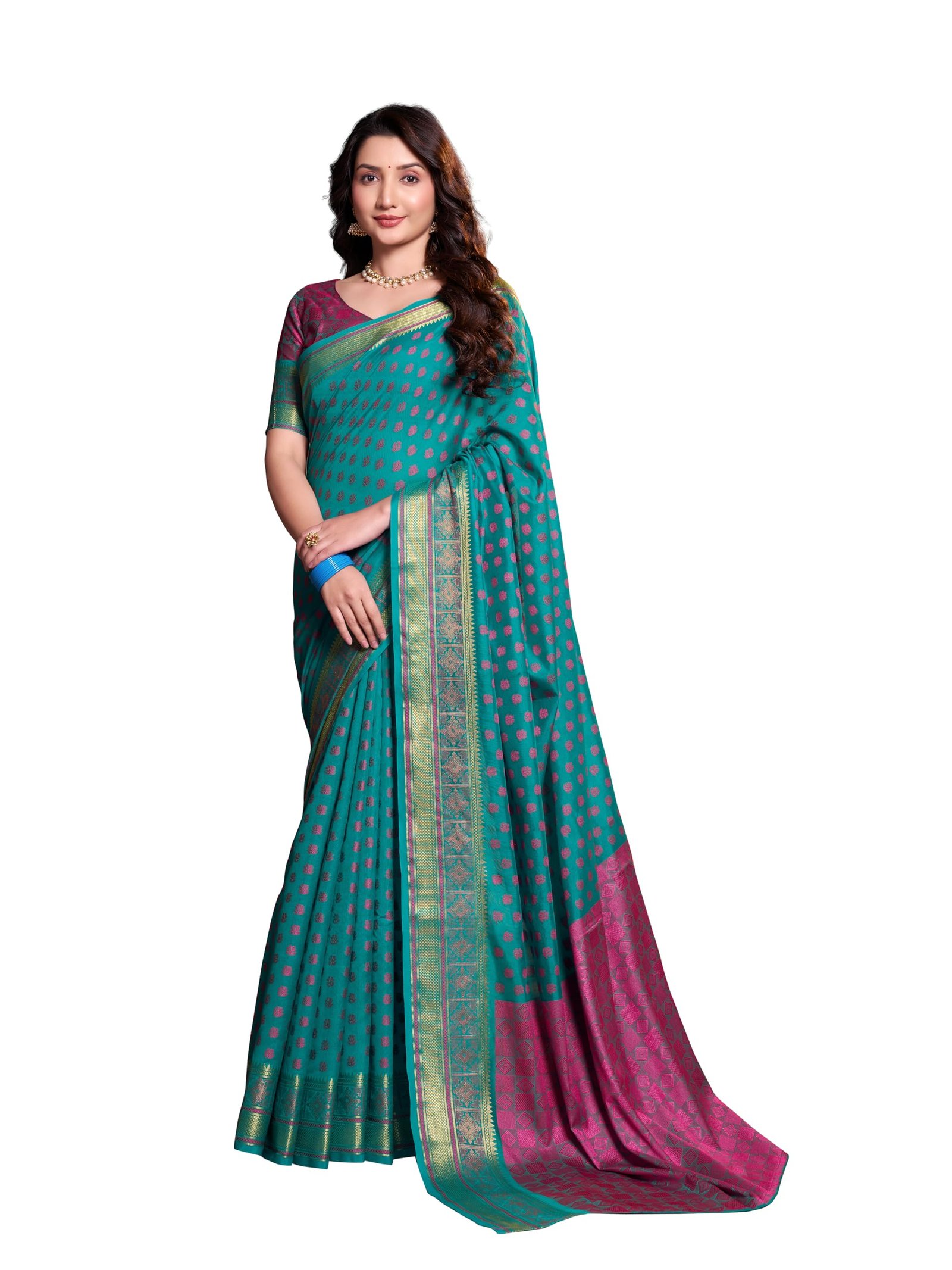 Garden Vareli Women Jacquard Silk Blend Saree with Unstitched Blouse Piece 1032 - Teal dress material - Shoppermaart