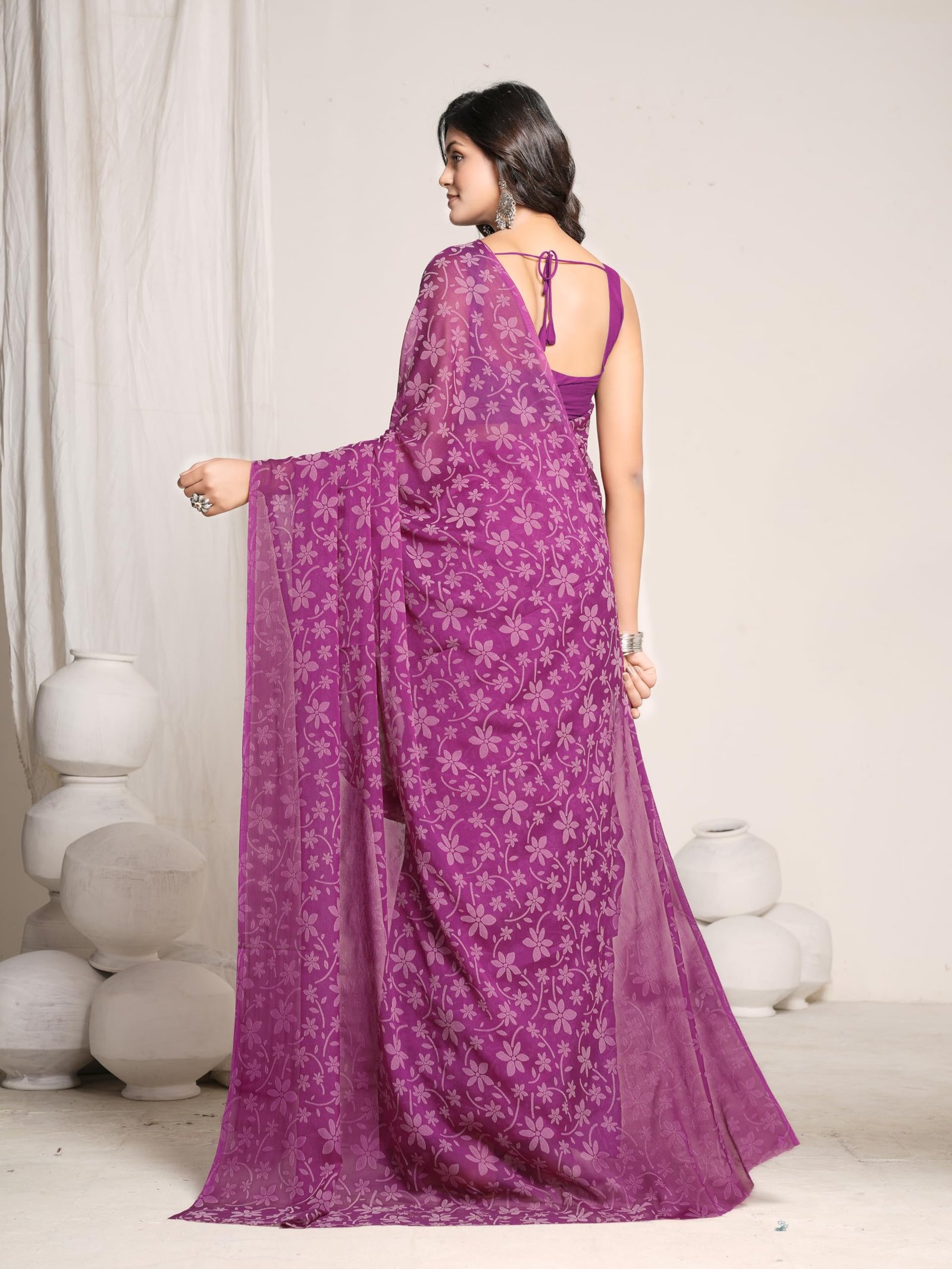 Garden Vareli Lock Chiffon Viscose Brasso Floral Saree - Magenta - Image 5