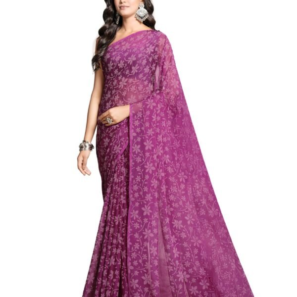 Garden Vareli Lock Chiffon Viscose Brasso Floral Saree - Magenta dress material - Shoppermaart
