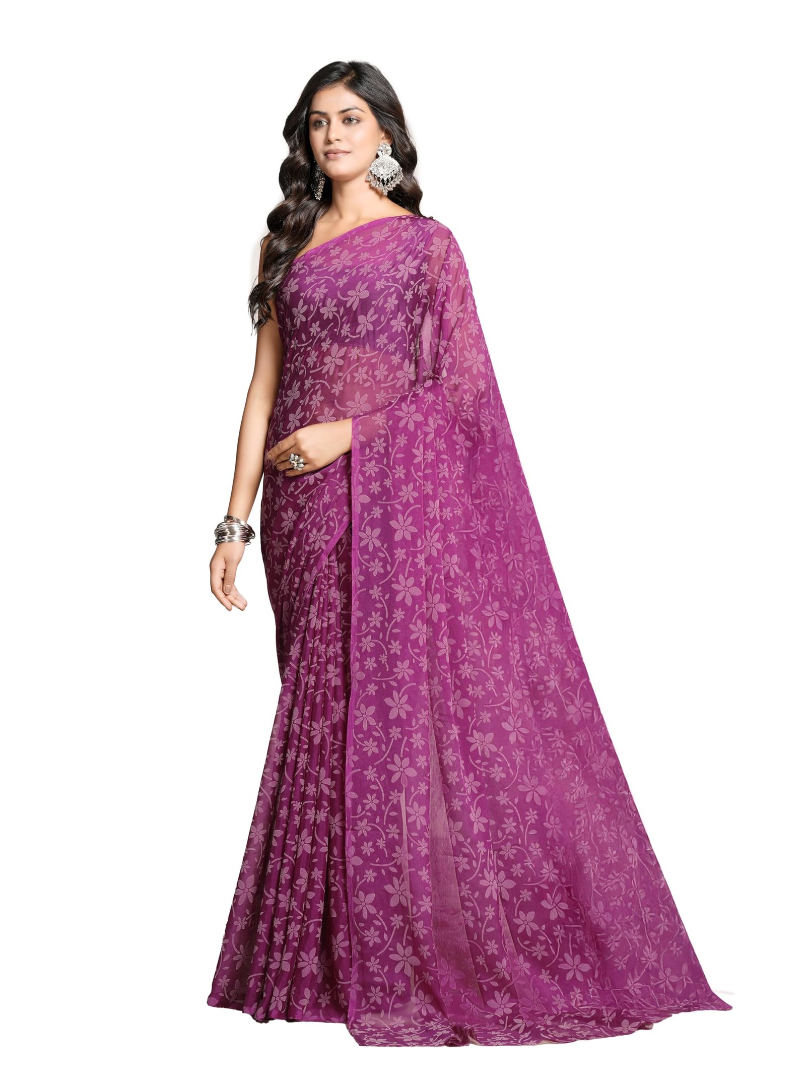 Garden Vareli Lock Chiffon Viscose Brasso Floral Saree - Magenta dress material - Shoppermaart