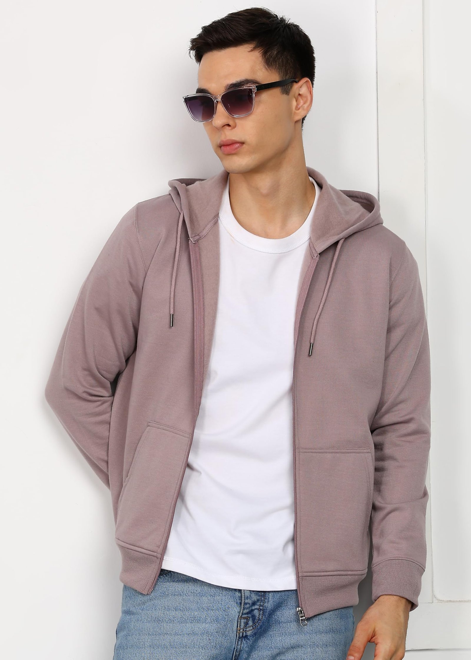 Alan Jones Clothing Men’s Solid Hooded Sweatshirt | Zip-Up Hoodie Jacket with Kangaroo Pocket, Drawstring Hood & Ribbed Hem | Casual Winterwear (Light Purple_XL) - Image 6