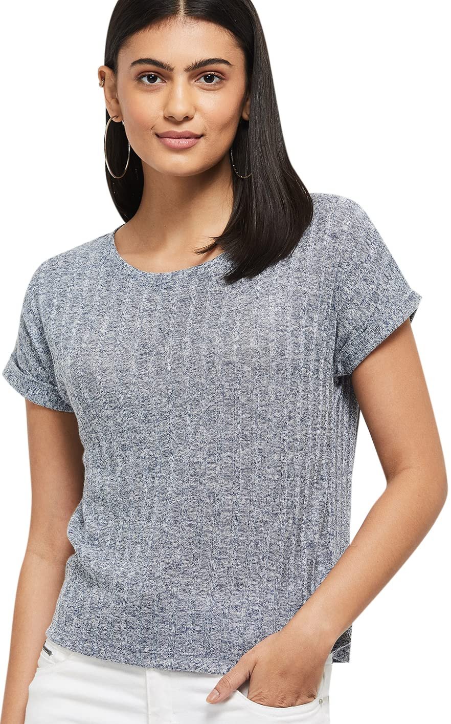 Max Textured Round Neck T-Shirt Navy dress material - Shoppermaart