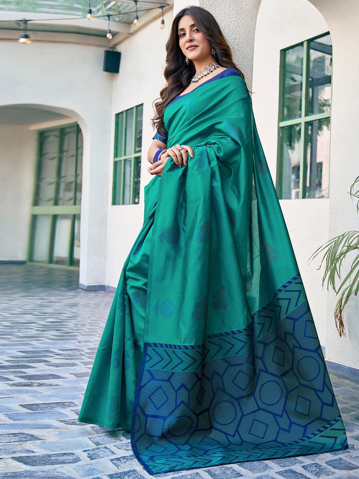 SAMAH Women's Banarasi Silk Jacquard Saree with Unstitched Blouse Piece (3697S120N_Teal Green2) - Image 6