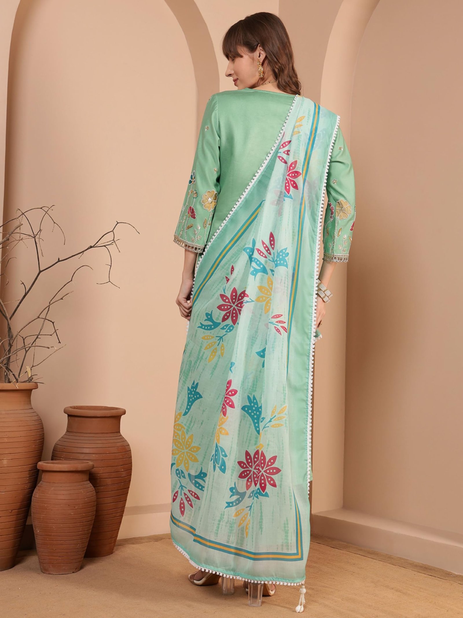 SHOPPING QUEEN Women's Viscose Embroidered Kurta Set with Dupatta (A650_Mint Green_M) - Image 8