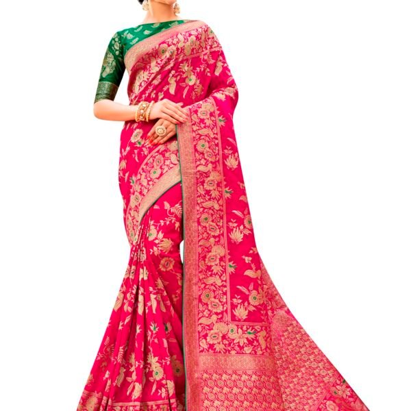 Monjolika Fashion Women's Banarasi Silk Blend Woven Zari With Tussles Saree and Jacquard Woven Blouse Piece (37765 color) (Magenta) dress material - Shoppermaart