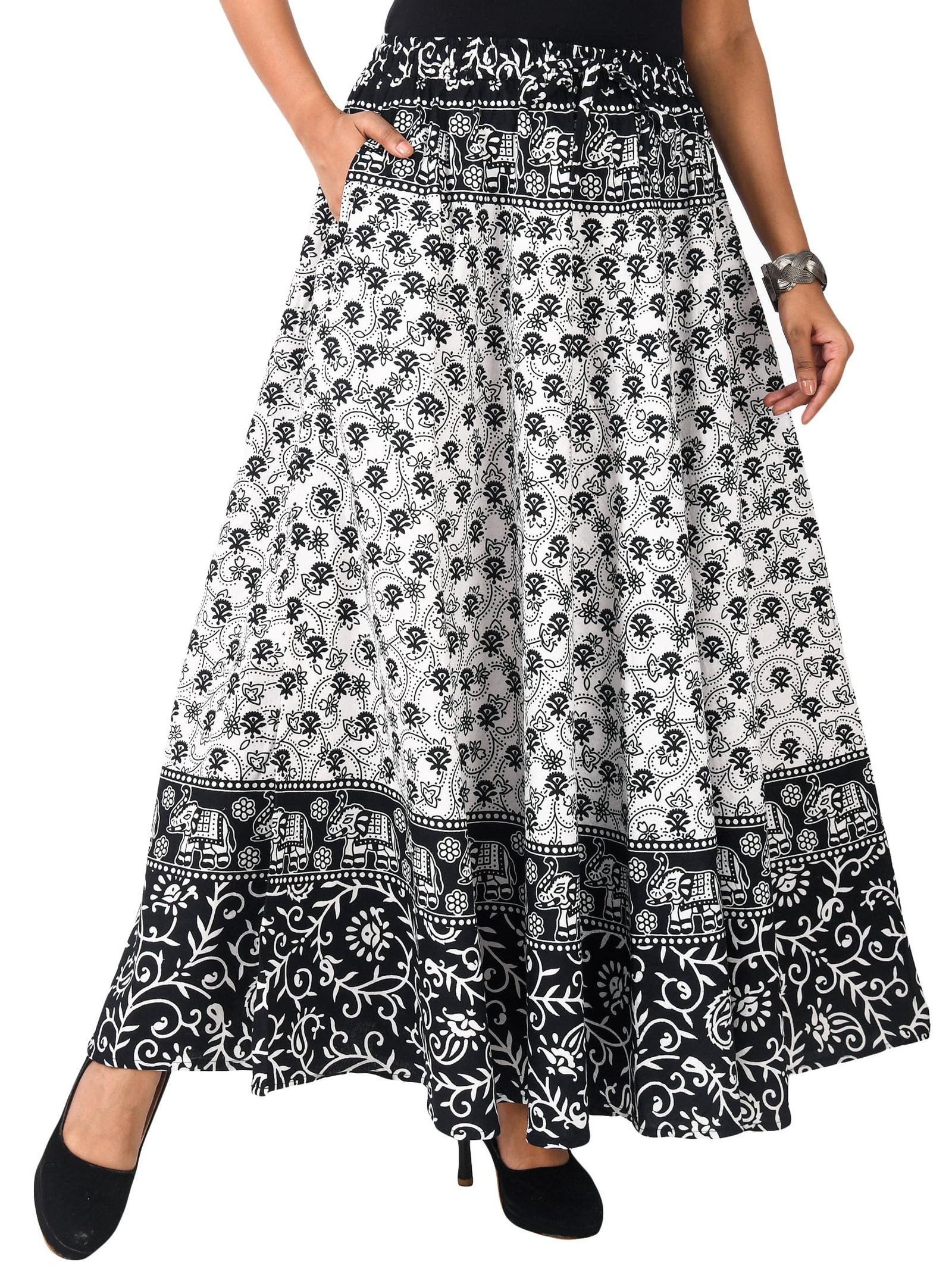 SAMJHI Premium Cotton Floor Length Skirt for Women with Pocket (Black White, Free Size) dress material - Shoppermaart