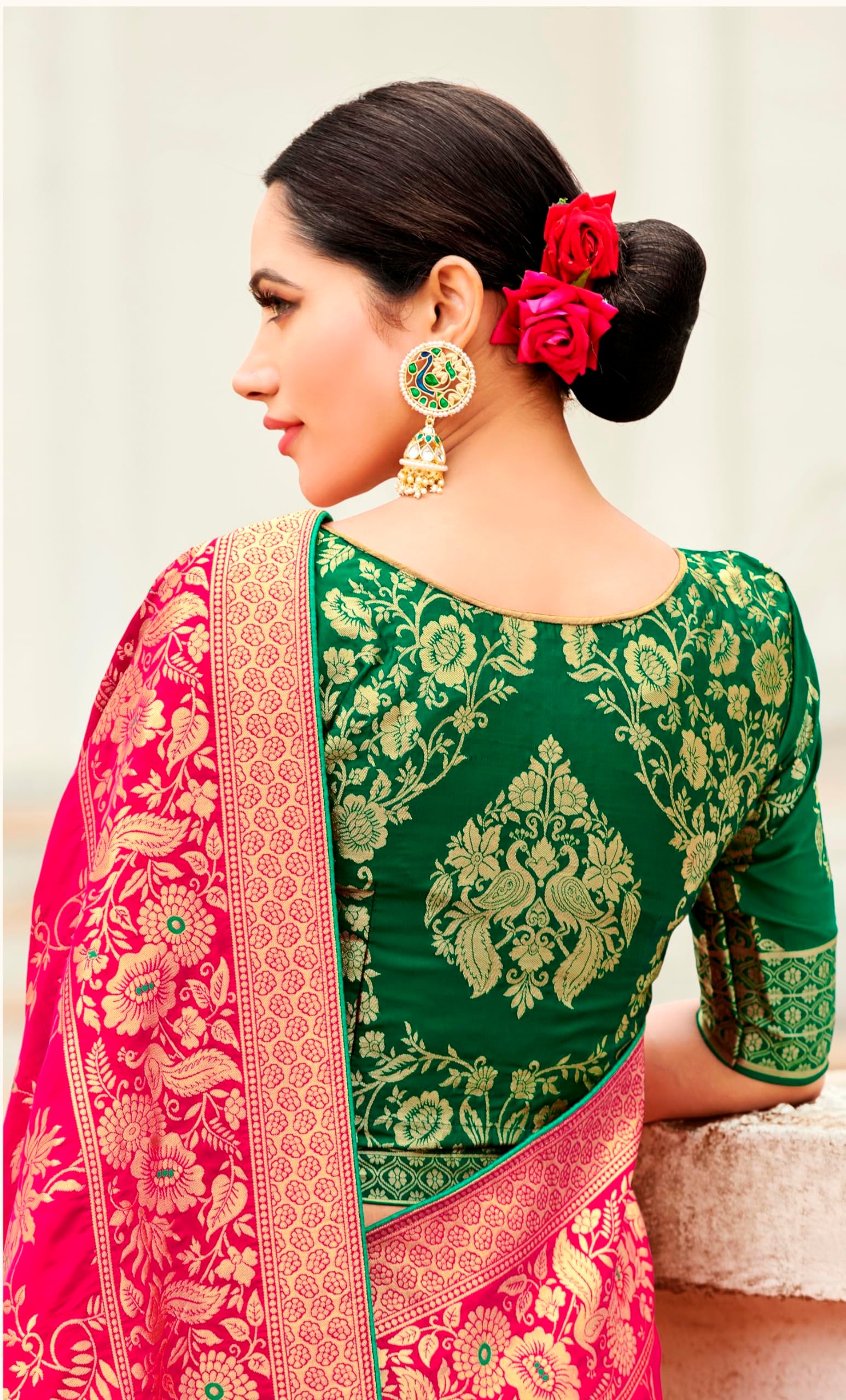 Monjolika Fashion Women's Banarasi Silk Blend Woven Zari With Tussles Saree and Jacquard Woven Blouse Piece (37765 color) (Magenta) - Image 3