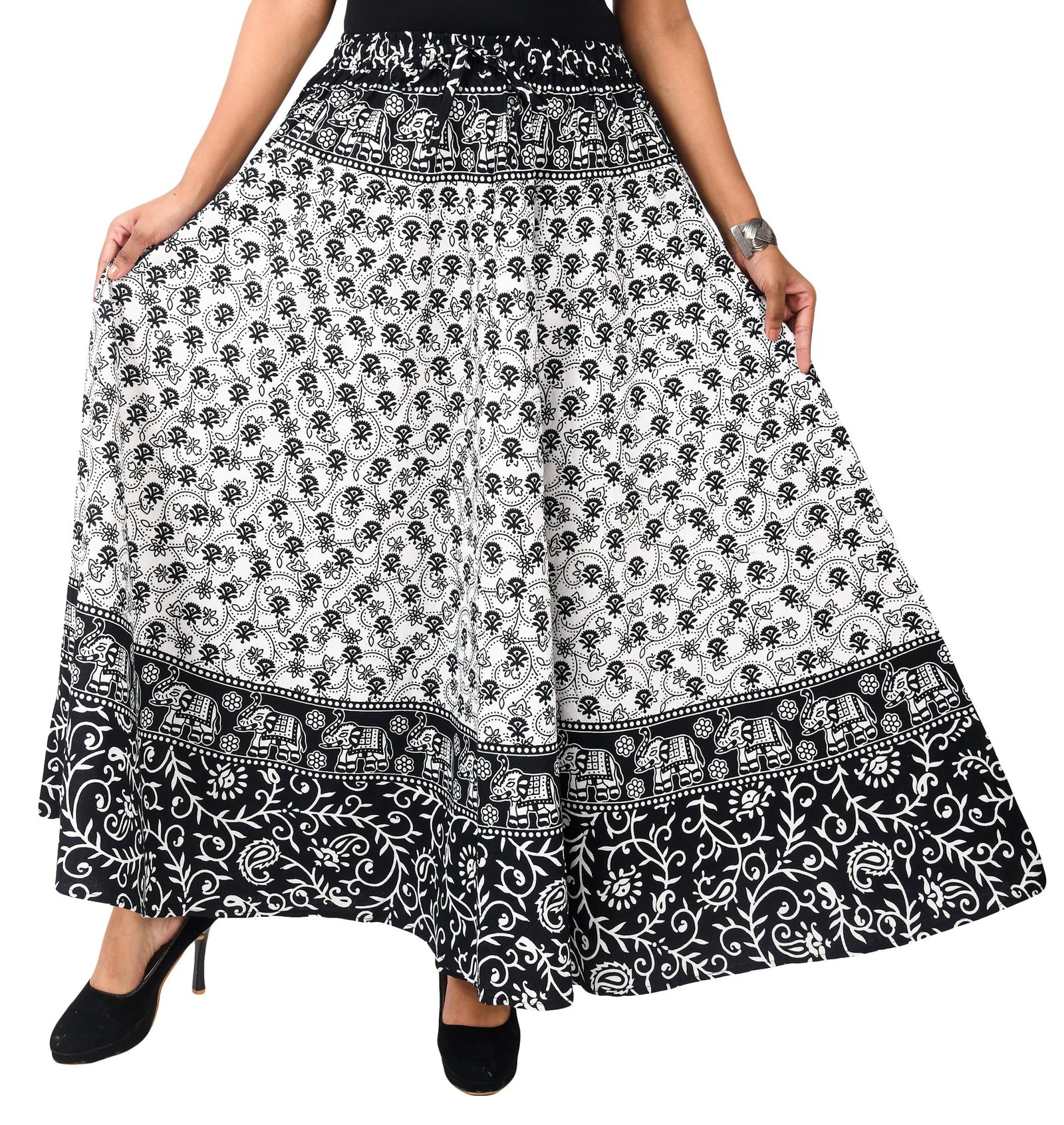 SAMJHI Premium Cotton Floor Length Skirt for Women with Pocket (Black White, Free Size) - Image 3