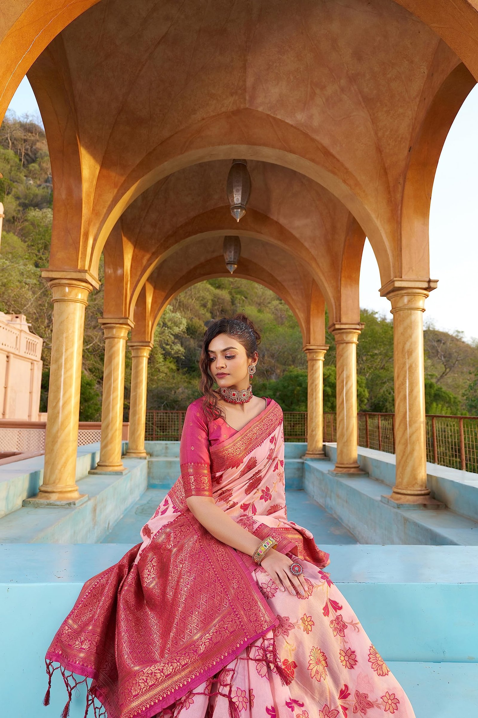 SWORNOF Womens Kanjivaram Banarasi Silk Saree Patola saree with Unstitched blouse piece (PINK)