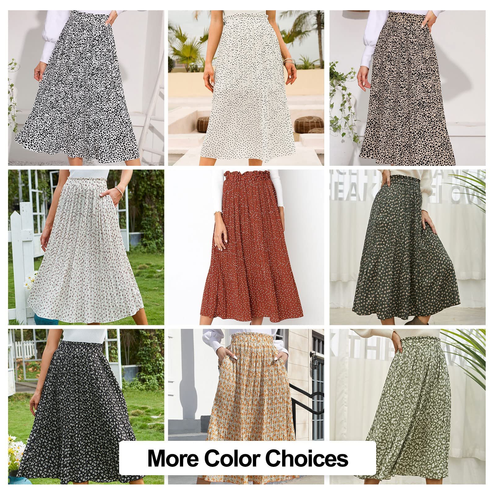 EXLURA Womens High Waist Polka Dot Pleated Skirt Midi Swing Skirt with Pockets, Coffee, XX-Large