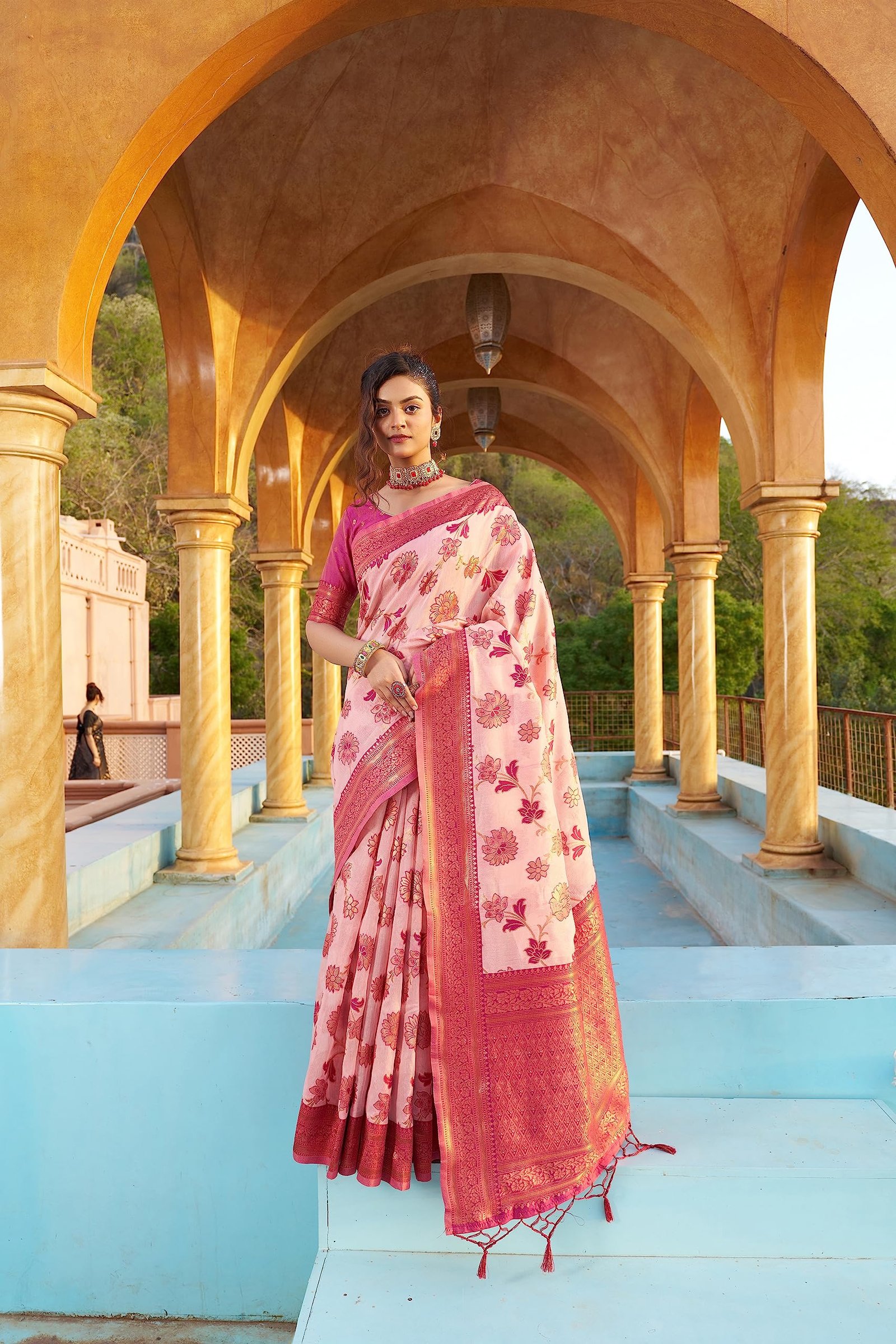 SWORNOF Womens Kanjivaram Banarasi Silk Saree Patola saree with Unstitched blouse piece (PINK) - Image 7