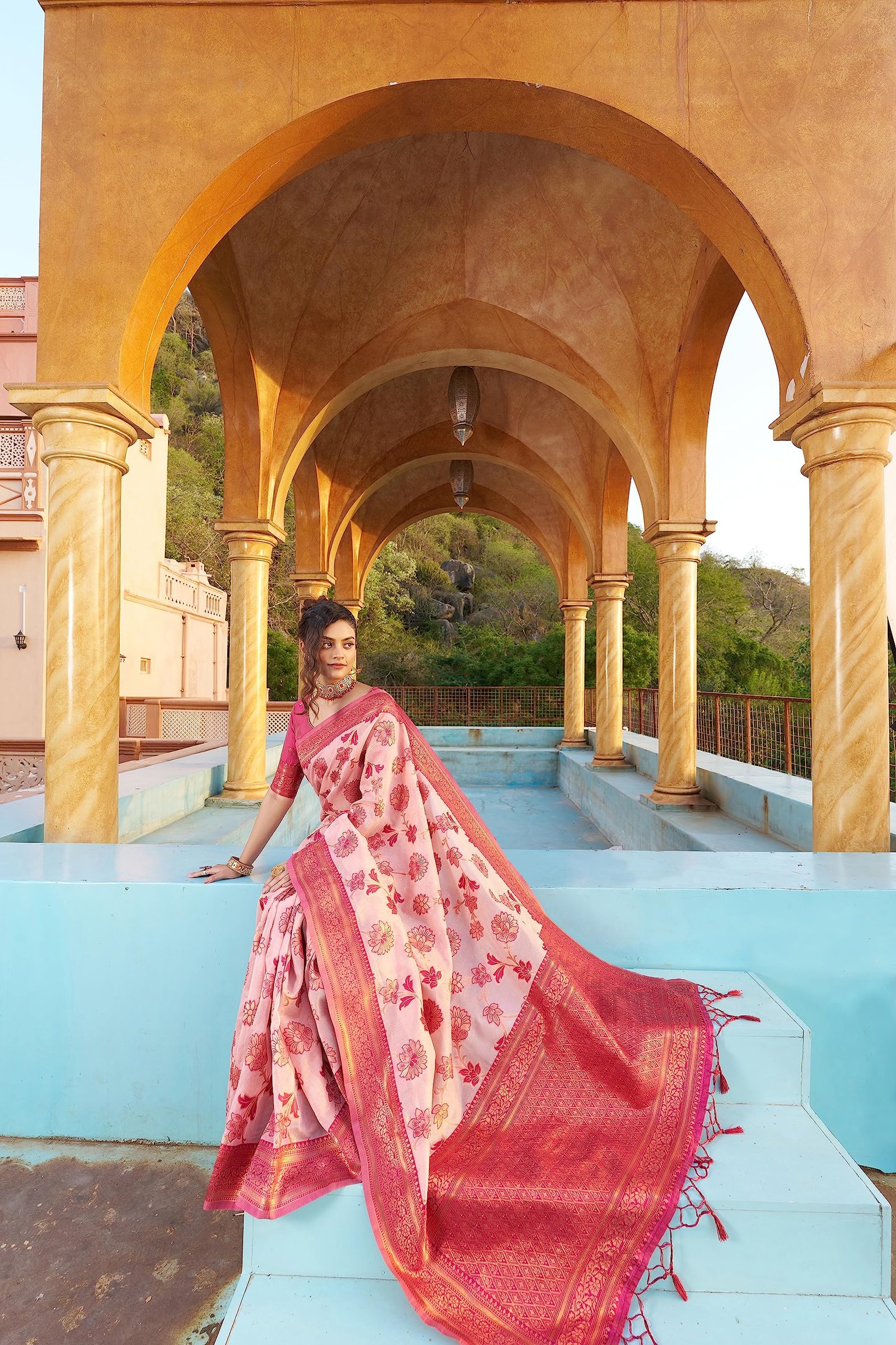 SWORNOF Womens Kanjivaram Banarasi Silk Saree Patola saree with Unstitched blouse piece (PINK) - Image 5