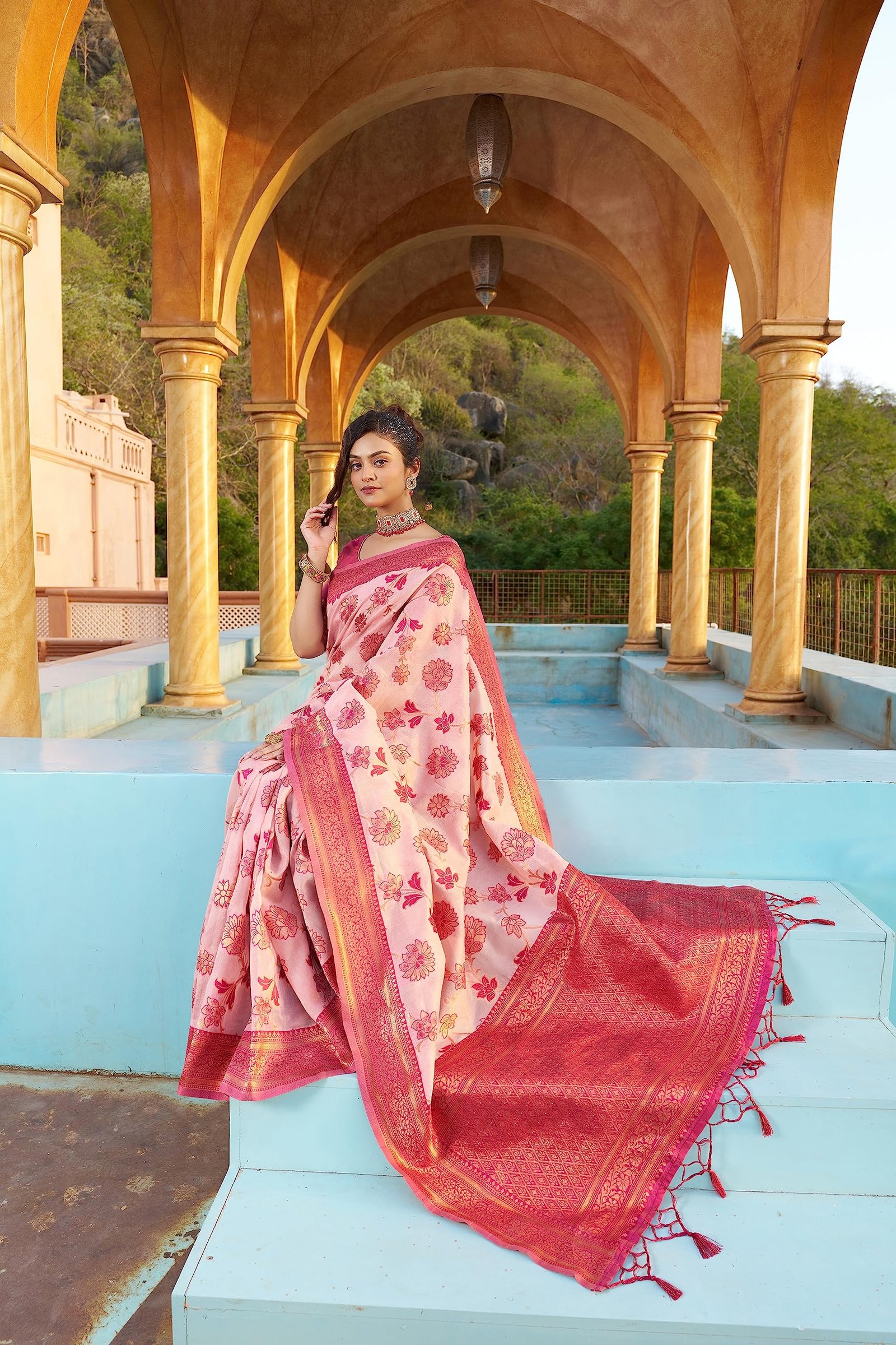 SWORNOF Womens Kanjivaram Banarasi Silk Saree Patola saree with Unstitched blouse piece (PINK) - Image 4